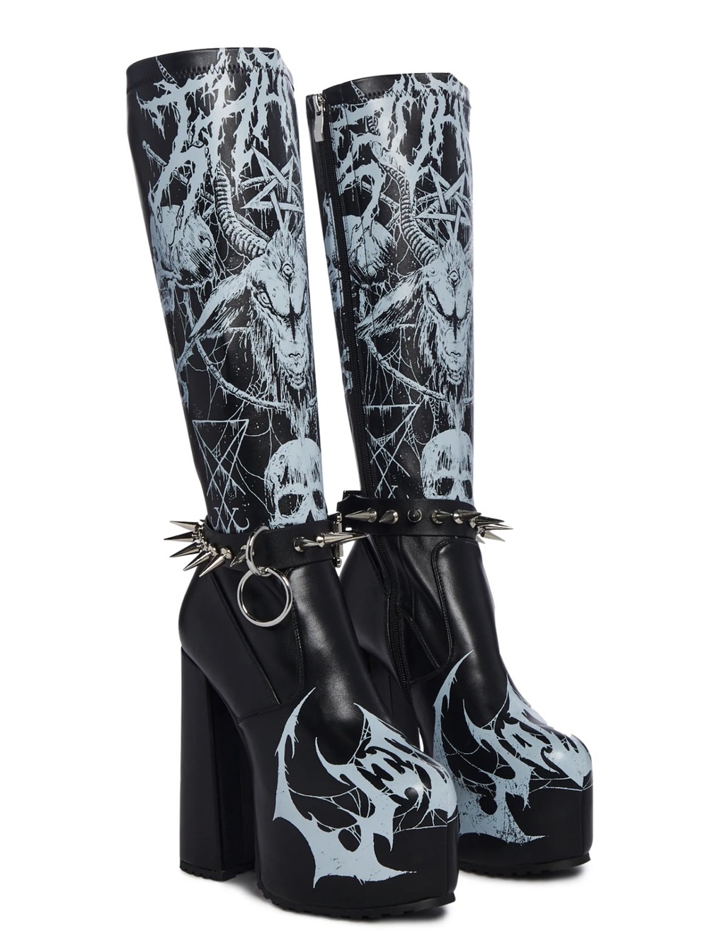 Gothic Spike Platform Knee-High Boots in Black and Light Gray